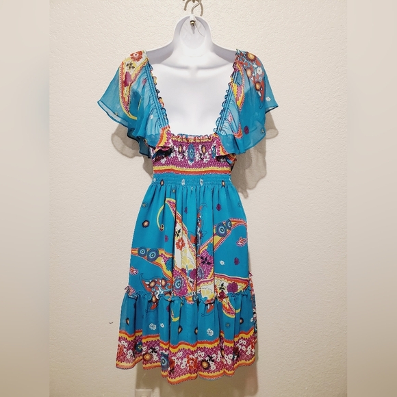 RAMPAGE Boho Smocked Square Neck Flirty Turquoise Dress - Picture 4 of 5